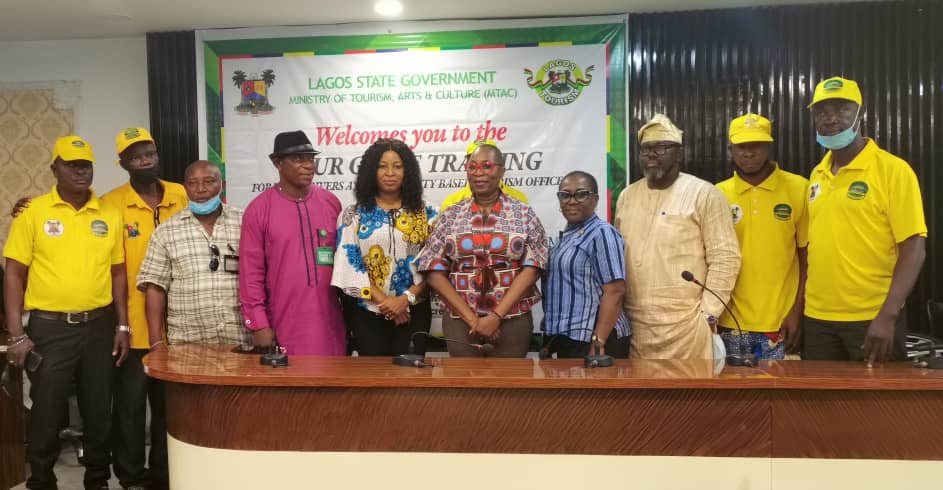 The Permanent Secretary, Ministry of Tourism, Arts and Culture, Princess Adenike Adedoyin-Ajayi and representatives of the Lagos State Taxi Drivers and Cab Operators Association, Operators of Hailing Car Services and Operators of Shuttle Services at a Tour Guide Training for Taxi Drivers and Community Based Tourism Officers (CBTOs)