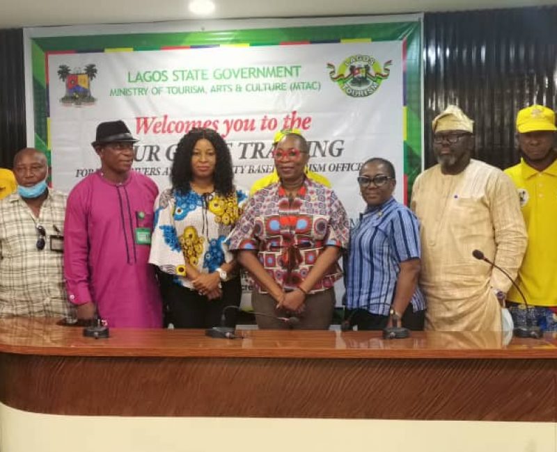 The Permanent Secretary, Ministry of Tourism, Arts and Culture, Princess Adenike Adedoyin-Ajayi and representatives of the Lagos State Taxi Drivers and Cab Operators Association, Operators of Hailing Car Services and Operators of Shuttle Services at a Tour Guide Training for Taxi Drivers and Community Based Tourism Officers (CBTOs)
