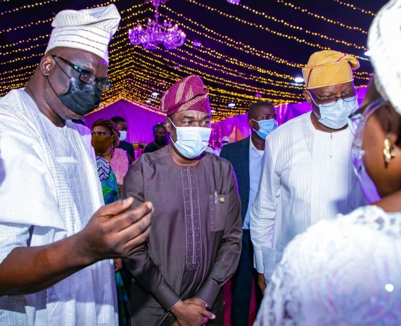 Son of the deceased, Arc. Olaolu Durojaiye; Lagos State Deputy Governor, Dr. Kadri Obafemi Hamzat and Cousin of the deceased/Special Adviser to the Governor on Chieftaincy Matter, Mr. Bayo Osiyemi at the Memorable Evening of Tributes in celebration of the life of​ Late Senator Olabiyi Durojaiye held at the Haven, GRA, Ikeja on Wednesday